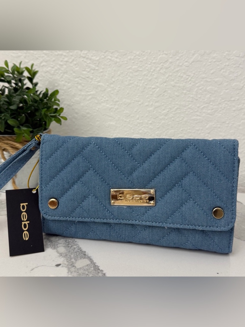 BEBE Denim Quilted Wristlet Wallet NWT
